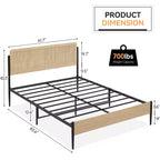 Cadre de lit double/grand lit avec tête de lit incurvée en rotin et métal et plateforme avec pied de lit en bois et rangement sous le lit
