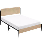 Cadre de lit double/grand lit avec tête de lit incurvée en rotin et métal et plateforme avec pied de lit en bois et rangement sous le lit
