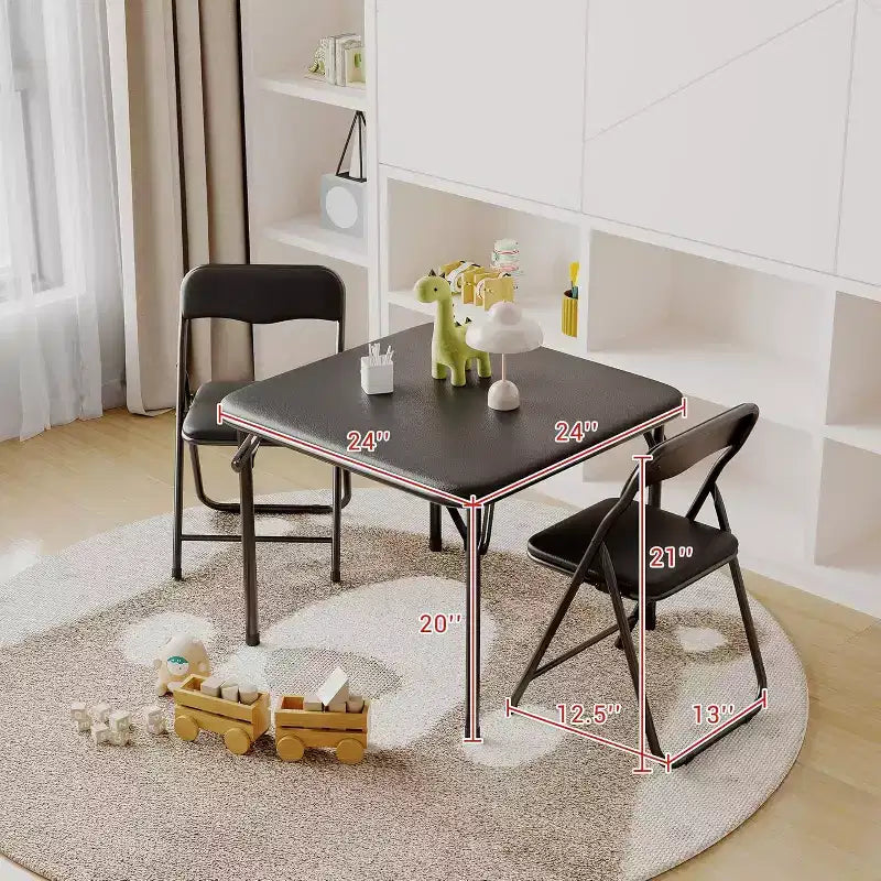 Table et chaises pliantes rembourrées 3 pièces, coussin souple en PU, cadre en métal, ensemble de table et chaises d'activités pour enfants pour la garderie et la salle de classe, noir
