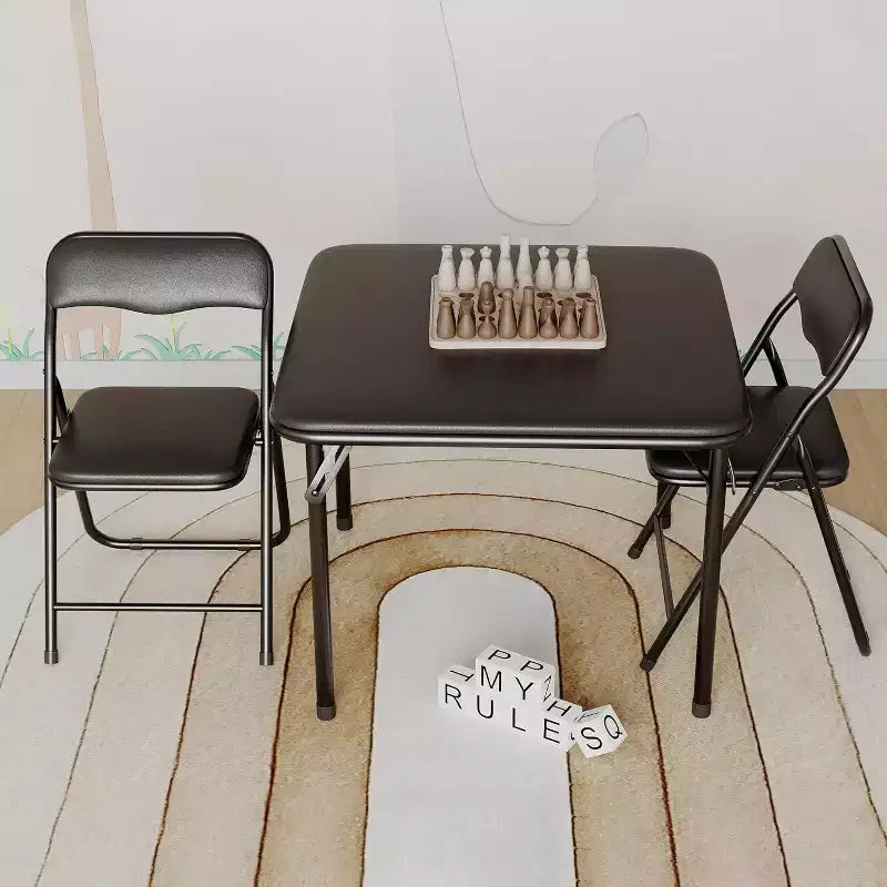 Table et chaises pliantes rembourrées 3 pièces, coussin souple en PU, cadre en métal, ensemble de table et chaises d'activités pour enfants pour la garderie et la salle de classe, noir