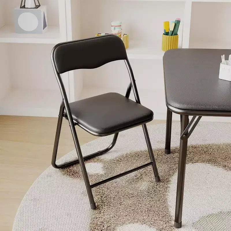 Table et chaises pliantes rembourrées 3 pièces, coussin souple en PU, cadre en métal, ensemble de table et chaises d'activités pour enfants pour la garderie et la salle de classe, noir