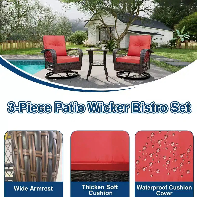 Fauteuils de jardin à bascule 3 pièces en osier, ensemble de 2 fauteuils pivotants d'extérieur avec coussins épais et table basse en verre