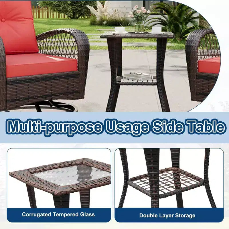Fauteuils de jardin à bascule 3 pièces en osier, ensemble de 2 fauteuils pivotants d'extérieur avec coussins épais et table basse en verre