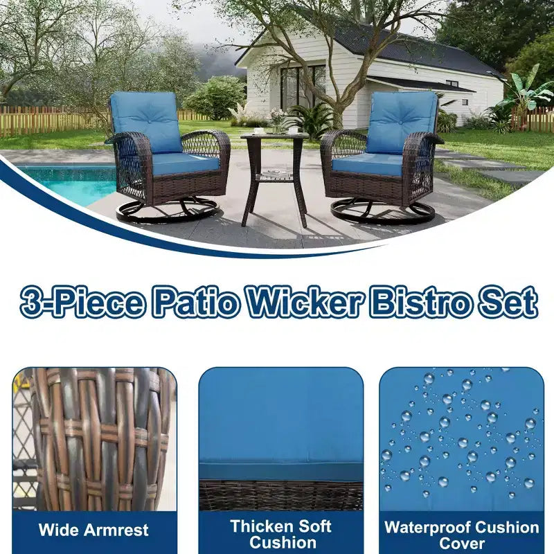 Fauteuils de jardin à bascule 3 pièces en osier, ensemble de 2 fauteuils pivotants d'extérieur avec coussins épais et table basse en verre