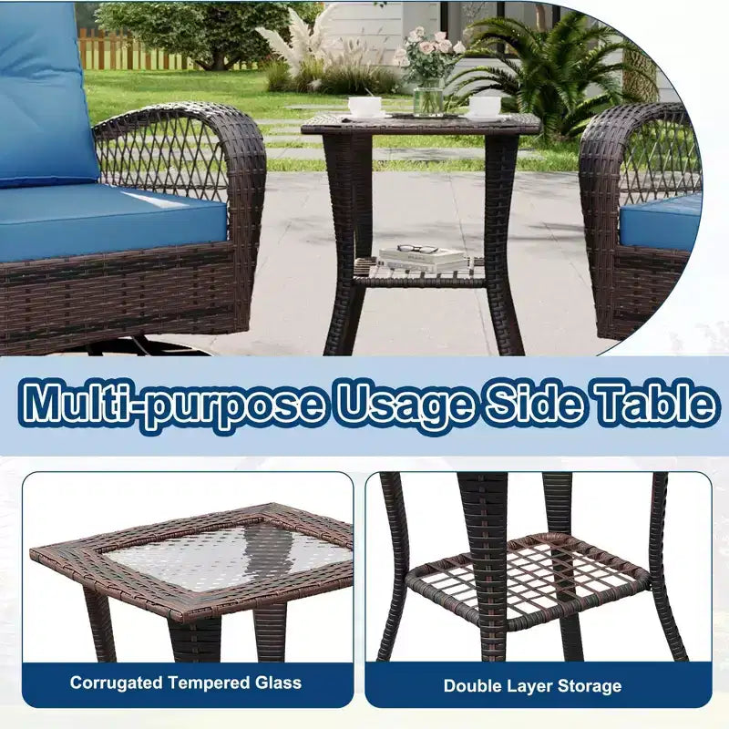 Fauteuils de jardin à bascule 3 pièces en osier, ensemble de 2 fauteuils pivotants d'extérieur avec coussins épais et table basse en verre