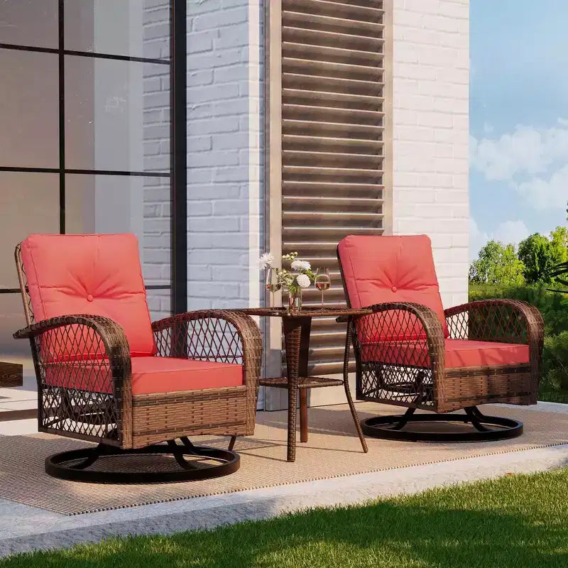 Fauteuils de jardin à bascule 3 pièces en osier, ensemble de 2 fauteuils pivotants d'extérieur avec coussins épais et table basse en verre