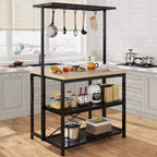 Grand îlot de cuisine avec table, étagère de boulangerie et rangement à 3 niveaux - Support de micro-ondes, étagère de four, table de bar à café en métal, étagère de rangement de cuisine, 5 crochets