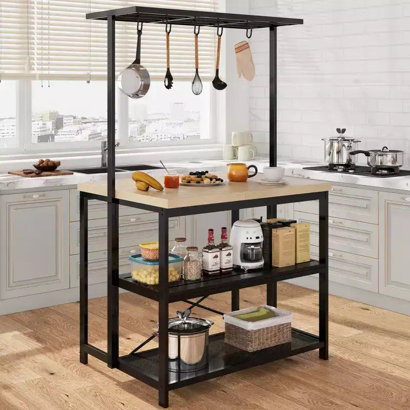 Grand îlot de cuisine avec table, étagère de boulangerie et rangement à 3 niveaux - Support de micro-ondes, étagère de four, table de bar à café en métal, étagère de rangement de cuisine, 5 crochets