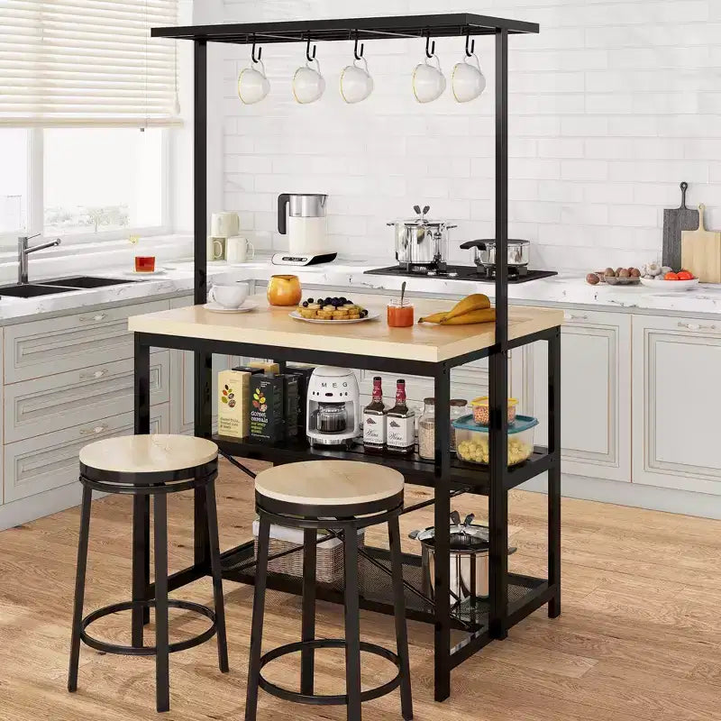 Grand îlot de cuisine avec table, étagère de boulangerie et rangement à 3 niveaux - Support de micro-ondes, étagère de four, table de bar à café en métal, étagère de rangement de cuisine, 5 crochets