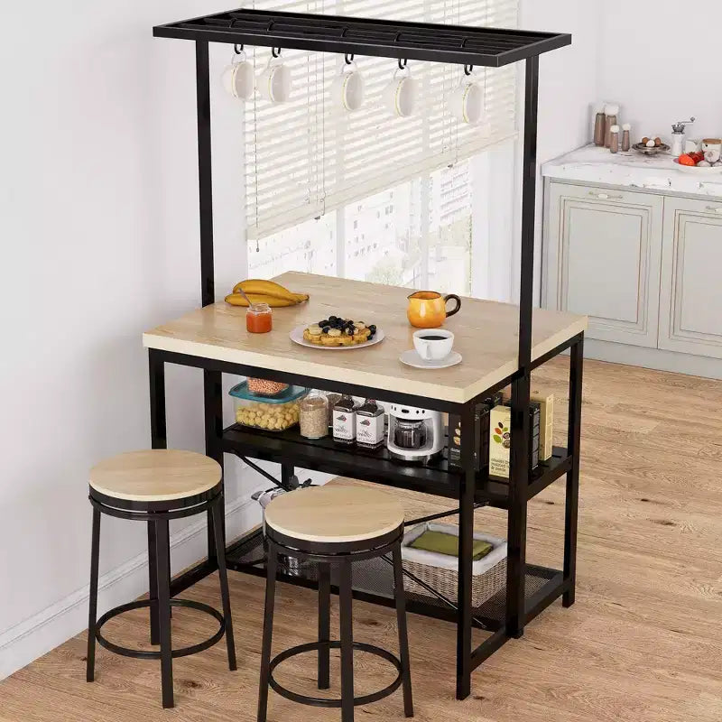Grand îlot de cuisine avec table, étagère de boulangerie et rangement à 3 niveaux - Support de micro-ondes, étagère de four, table de bar à café en métal, étagère de rangement de cuisine, 5 crochets