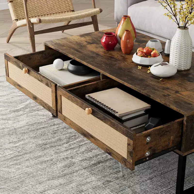Table basse en rotin avec 2 tiroirs, table basse en bois de 45,6 po avec rangement, table à manger bohème, petites tables basses pour salon