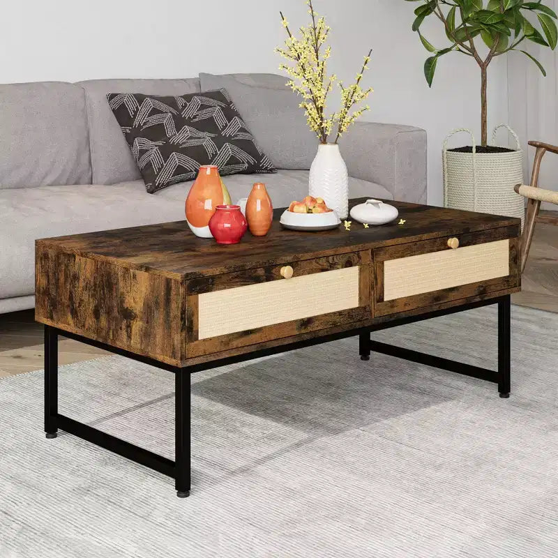 Table basse en rotin avec 2 tiroirs, table basse en bois de 45,6 po avec rangement, table à manger bohème, petites tables basses pour salon