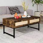 Table basse en rotin avec 2 tiroirs, table basse en bois de 45,6 po avec rangement, table à manger bohème, petites tables basses pour salon