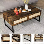 Table basse en rotin avec 2 tiroirs, table basse en bois de 45,6 po avec rangement, table à manger bohème, petites tables basses pour salon