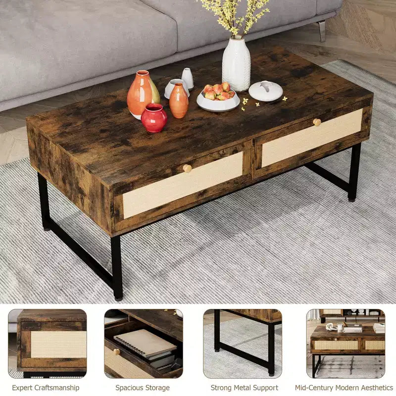 Table basse en rotin avec 2 tiroirs, table basse en bois de 45,6 po avec rangement, table à manger bohème, petites tables basses pour salon
