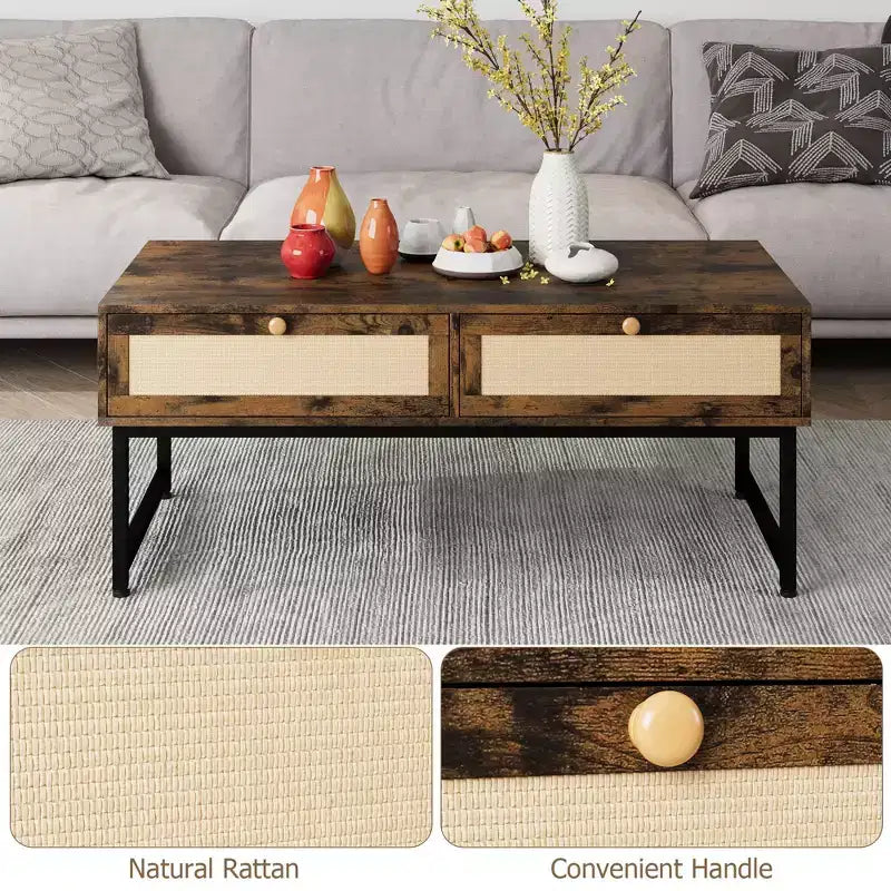 Table basse en rotin avec 2 tiroirs, table basse en bois de 45,6 po avec rangement, table à manger bohème, petites tables basses pour salon