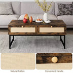 Table basse en rotin avec 2 tiroirs, table basse en bois de 45,6 po avec rangement, table à manger bohème, petites tables basses pour salon