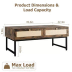 Table basse en rotin avec 2 tiroirs, table basse en bois de 45,6 po avec rangement, table à manger bohème, petites tables basses pour salon