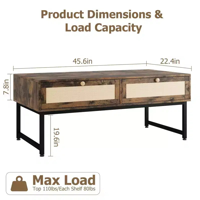 Table basse en rotin avec 2 tiroirs, table basse en bois de 45,6 po avec rangement, table à manger bohème, petites tables basses pour salon