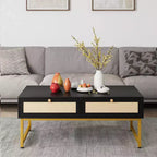 Table basse en rotin avec 2 tiroirs, table basse en bois de 45,6 po avec rangement, table à manger bohème, petites tables basses pour salon