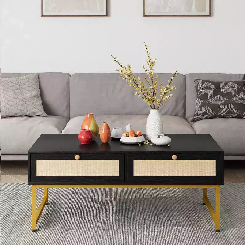 Table basse en rotin avec 2 tiroirs, table basse en bois de 45,6 po avec rangement, table à manger bohème, petites tables basses pour salon