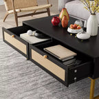Table basse en rotin avec 2 tiroirs, table basse en bois de 45,6 po avec rangement, table à manger bohème, petites tables basses pour salon