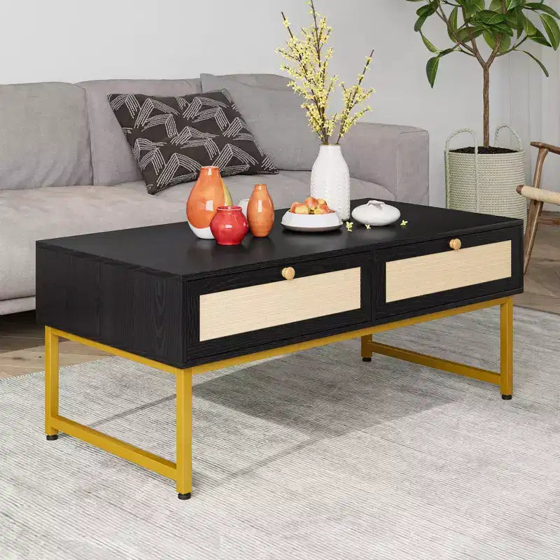 Table basse en rotin avec 2 tiroirs, table basse en bois de 45,6 po avec rangement, table à manger bohème, petites tables basses pour salon