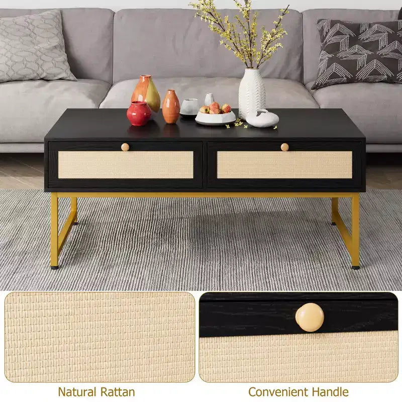 Table basse en rotin avec 2 tiroirs, table basse en bois de 45,6 po avec rangement, table à manger bohème, petites tables basses pour salon