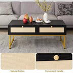 Table basse en rotin avec 2 tiroirs, table basse en bois de 45,6 po avec rangement, table à manger bohème, petites tables basses pour salon