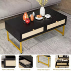 Table basse en rotin avec 2 tiroirs, table basse en bois de 45,6 po avec rangement, table à manger bohème, petites tables basses pour salon