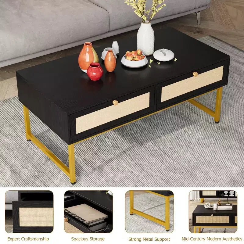 Table basse en rotin avec 2 tiroirs, table basse en bois de 45,6 po avec rangement, table à manger bohème, petites tables basses pour salon