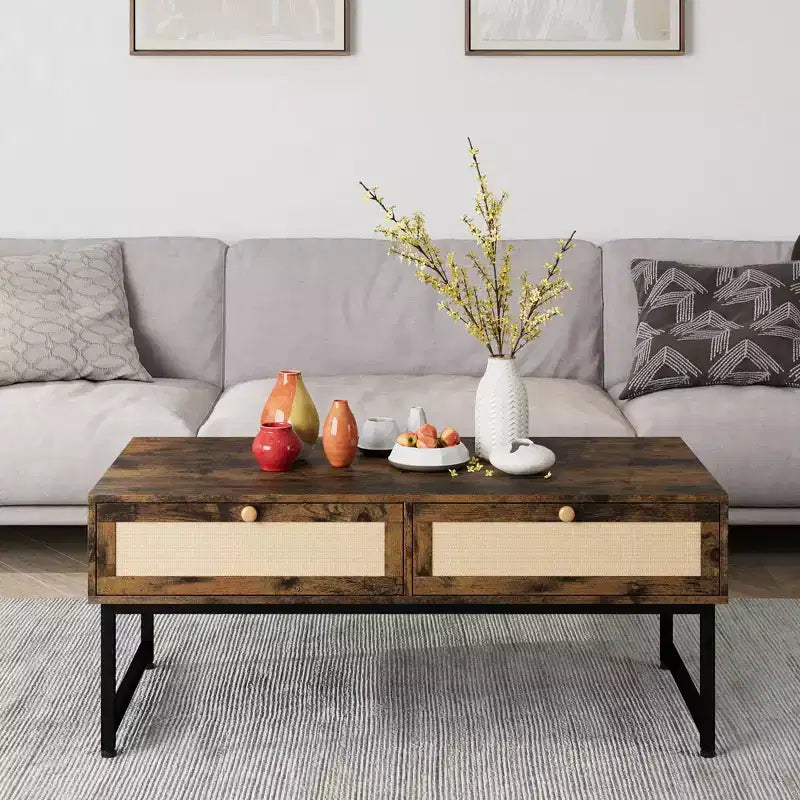 Table basse en rotin avec 2 tiroirs, table basse en bois de 45,6 po avec rangement, table à manger bohème, petites tables basses pour salon