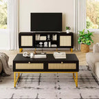 Rattan Coffee Table with 2 Drawer 45.6'' Wood Coffee Table with Storage Boho Dining Table Small Coffee Tables for Living Room