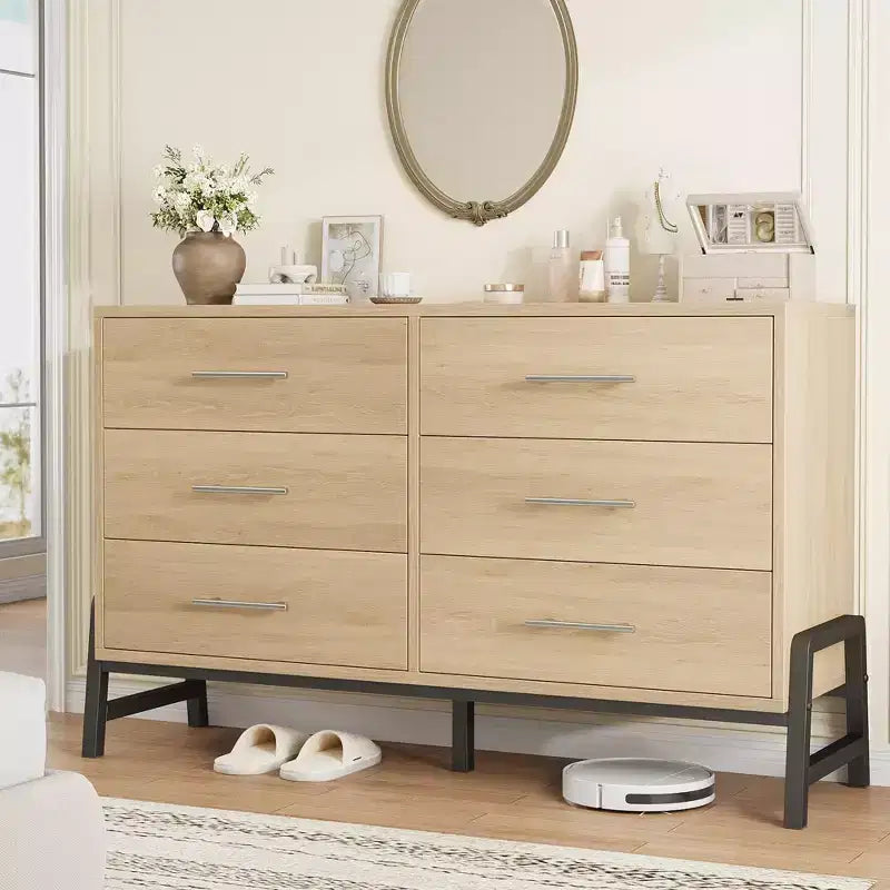 Commode en rotin à 6 tiroirs GustoWave avec station de charge, meuble de rangement pour chambre, salon, couloir, chevet