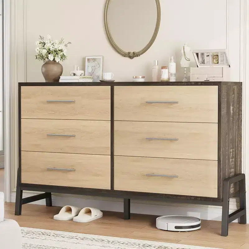 Commode en rotin à 6 tiroirs GustoWave avec station de charge, meuble de rangement pour chambre, salon, couloir, chevet