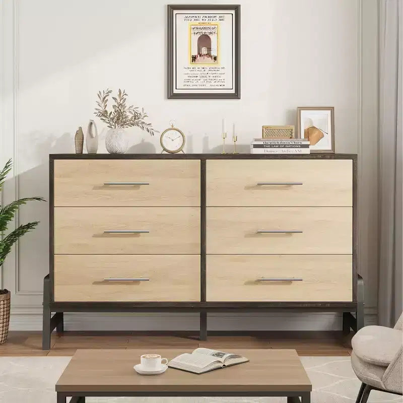 Commode en rotin à 6 tiroirs GustoWave avec station de charge, meuble de rangement pour chambre, salon, couloir, chevet
