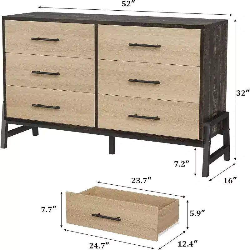 Commode en rotin à 6 tiroirs GustoWave avec station de charge, meuble de rangement pour chambre, salon, couloir, chevet