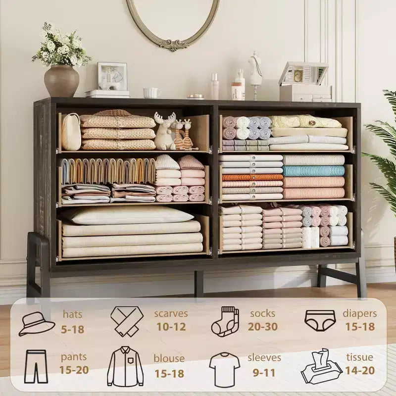 Commode en rotin à 6 tiroirs GustoWave avec station de charge, meuble de rangement pour chambre, salon, couloir, chevet
