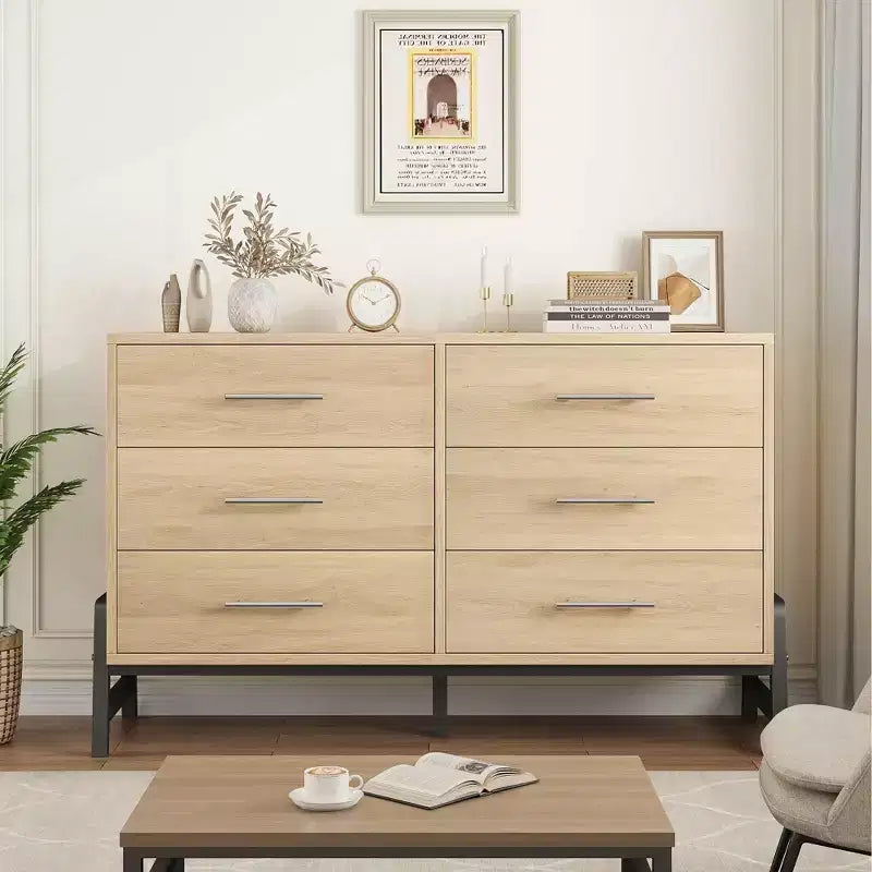 Commode en rotin à 6 tiroirs GustoWave avec station de charge, meuble de rangement pour chambre, salon, couloir, chevet
