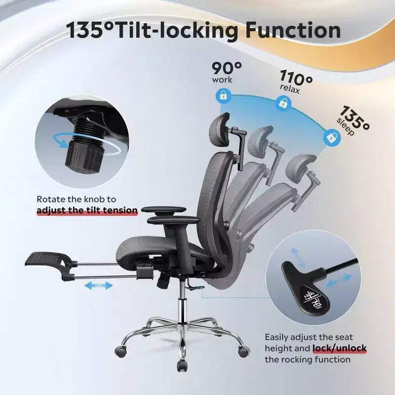 Chaise de bureau ergonomique en maille GALAXHERO, dossier haut inclinable, avec repose-pieds rétractable, support lombaire réglable et fonction d'inclinaison, noire