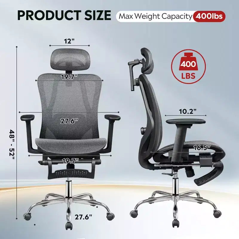 Chaise de bureau ergonomique en maille GALAXHERO, dossier haut inclinable, avec repose-pieds rétractable, support lombaire réglable et fonction d'inclinaison, noire