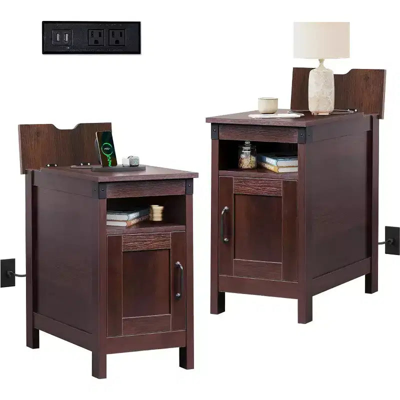 DEXYLLO Lot de 2 tables d'appoint de ferme avec station de recharge, tables d'appoint étroites, ports USB et prises électriques, tables de chevet en bois avec rangement