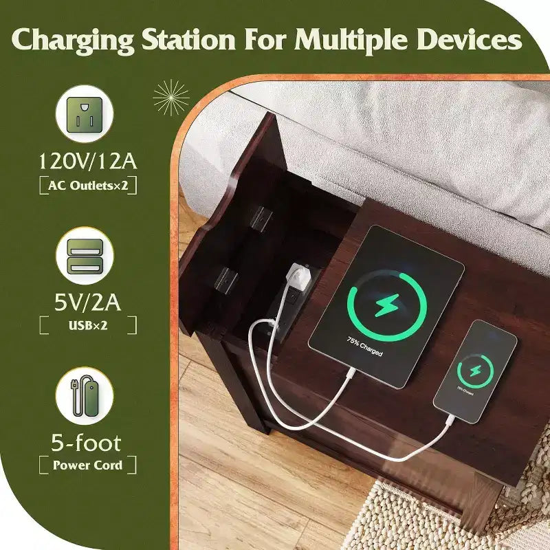 DEXYLLO Lot de 2 tables d'appoint de ferme avec station de recharge, tables d'appoint étroites, ports USB et prises électriques, tables de chevet en bois avec rangement