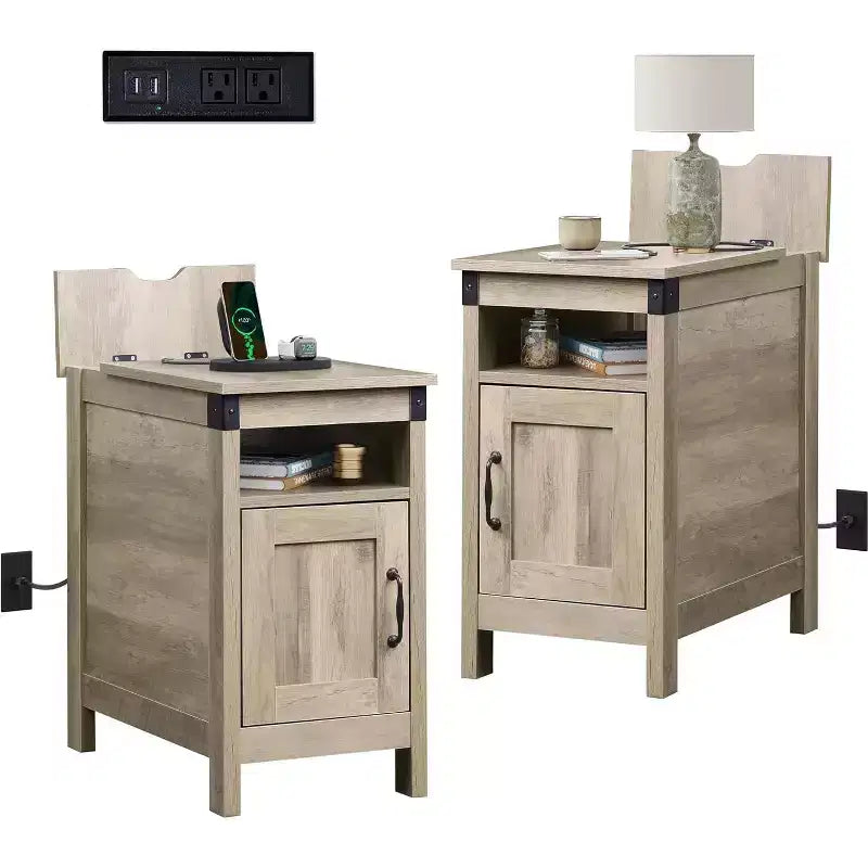 DEXYLLO Lot de 2 tables d'appoint de ferme avec station de recharge, tables d'appoint étroites, ports USB et prises électriques, tables de chevet en bois avec rangement
