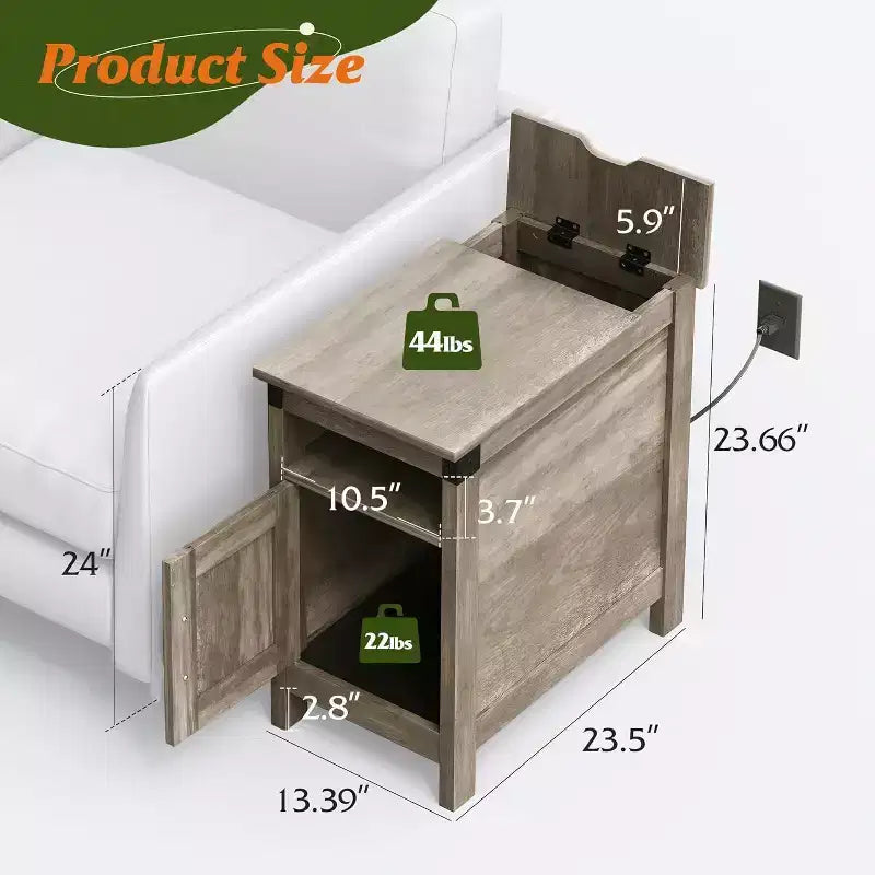 DEXYLLO Lot de 2 tables d'appoint de ferme avec station de recharge, tables d'appoint étroites, ports USB et prises électriques, tables de chevet en bois avec rangement