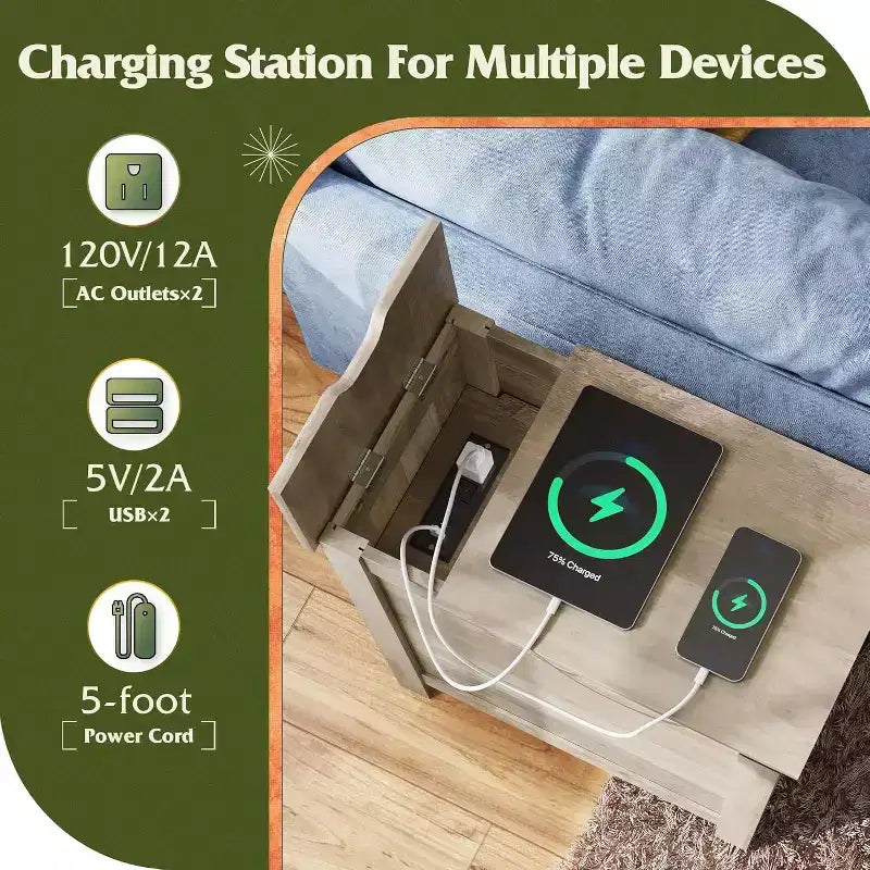 DEXYLLO Lot de 2 tables d'appoint de ferme avec station de recharge, tables d'appoint étroites, ports USB et prises électriques, tables de chevet en bois avec rangement