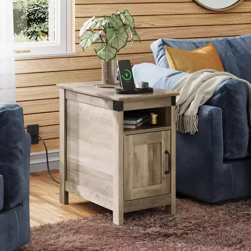 DEXYLLO Lot de 2 tables d'appoint de ferme avec station de recharge, tables d'appoint étroites, ports USB et prises électriques, tables de chevet en bois avec rangement