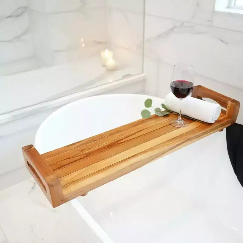 HomeRoots 29W Plateau de bain et siège en teck naturel avec poignées