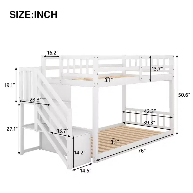 Lit superposé Okak Twin sur Twin en bois massif, lit superposé bas avec échelle de rangement et barrière de sécurité pour enfants et adolescents, facile à monter