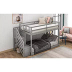 Lit superposé Okak Twin sur Twin en bois massif, lit superposé bas avec échelle de rangement et barrière de sécurité pour enfants et adolescents, facile à monter
